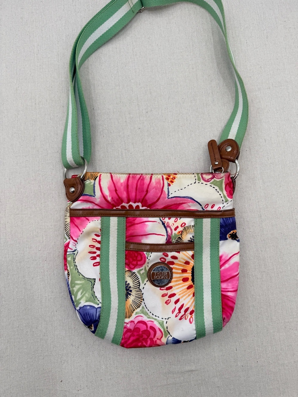 Bright Floral Crossbody Bag with Green Stripe - Tyler Rodan